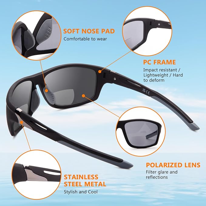 DEHOTRE 2 Pack Bifocal Reading Sunglasses Men Wrap Around Sports Sun Readers Outdoor Clear Top Soft Nose Pads PC Frame UV400