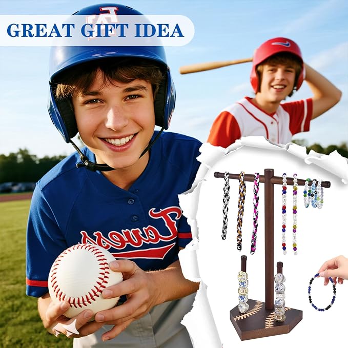 Wooden Sports Ring & Necklace Display Holder, Baseball Softball Championship Ring Organizer, Drip Necklace Storage Stand, Sports Gift for Athletes,Tool-free installation