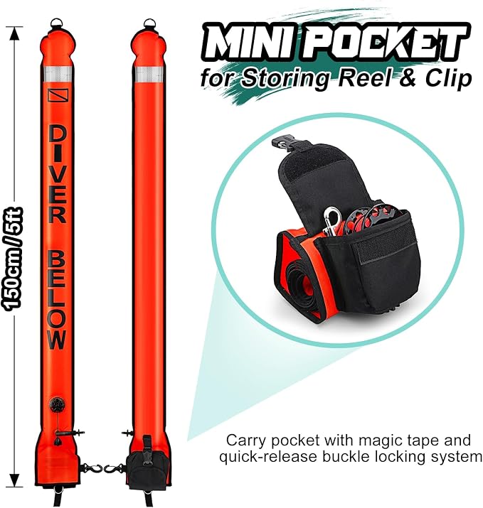 Surface Marker Buoy Scuba with Reel, 5ft High Visibility Diving Open Bottom Signal Tube Safety Sausage with Pouch Bag, 100ft ABS Dive Reel and Steel Double-Ended Bolt Snap (Hi-Vi Red)
