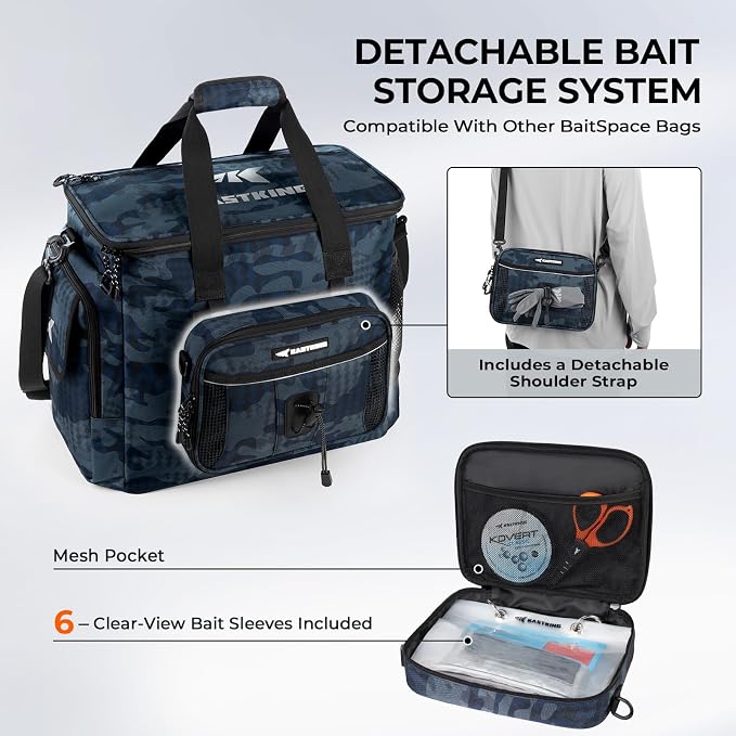 KastKing BaitSpace Fishing Tackle Bag With 4 Tackle Boxes & Removable Bait Binder, Water-Resistant Tackle Storage, Durable Fishing Gear, Adjustable Shoulder Strap