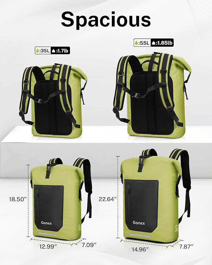 Gonex Ultralight Waterproof TPU Backpack, 35L Roll Top Dry Bag with Comfortable Padded Back Panel for Kayaking Boating Camping Fishing Travel,Green