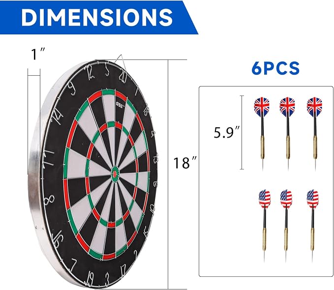 GSE Games & Sports Expert 18" Regulation Size Steel Tip Dartboard Game Set. Excellent Bristle/Sisal, Paper Baseball, Bullseye, Dart Board Game Set (Several Styles Available)