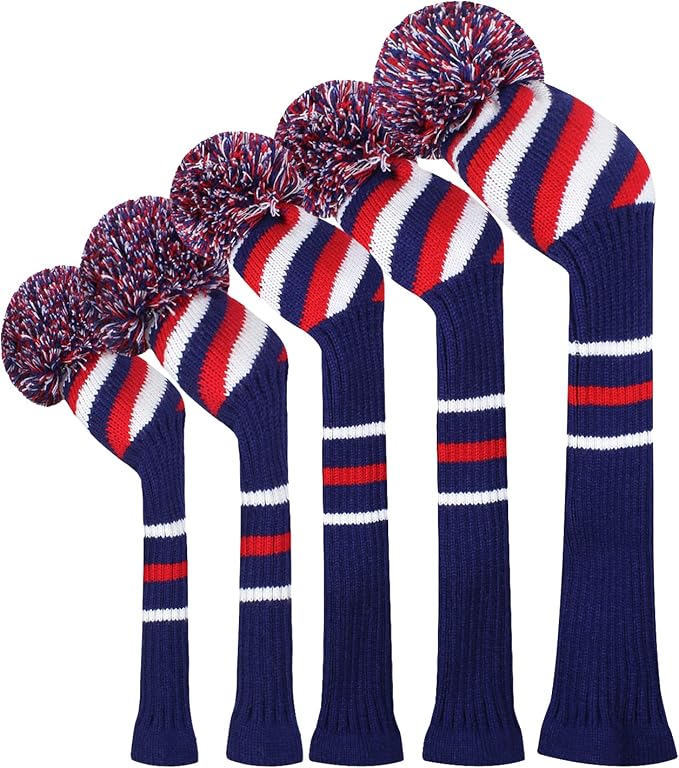 Scott Edward Knit Golf Club Cover with a Pom Set of 5 Head Covers Protect Driver Wood(460cc) 1 Fairway Wood2 and Hybrid/UT2 with Rotating Club Number Tags