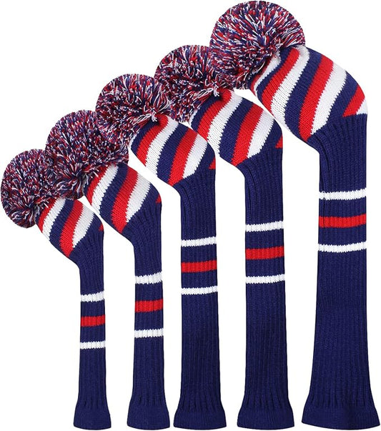 Scott Edward Knit Golf Club Cover with a Pom Set of 5 Head Covers Protect Driver Wood(460cc) 1 Fairway Wood2 and Hybrid/UT2 with Rotating Club Number Tags