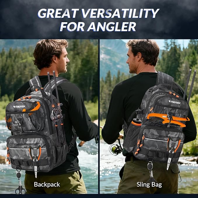 THKFISH Fishing Backpack with Tackle Boxes, 20L Waterproof Tackle Sling Bag with Lures Kit, Fish Lip Gripper, Pliers, Scissors, Fishing Gifts for Men Women