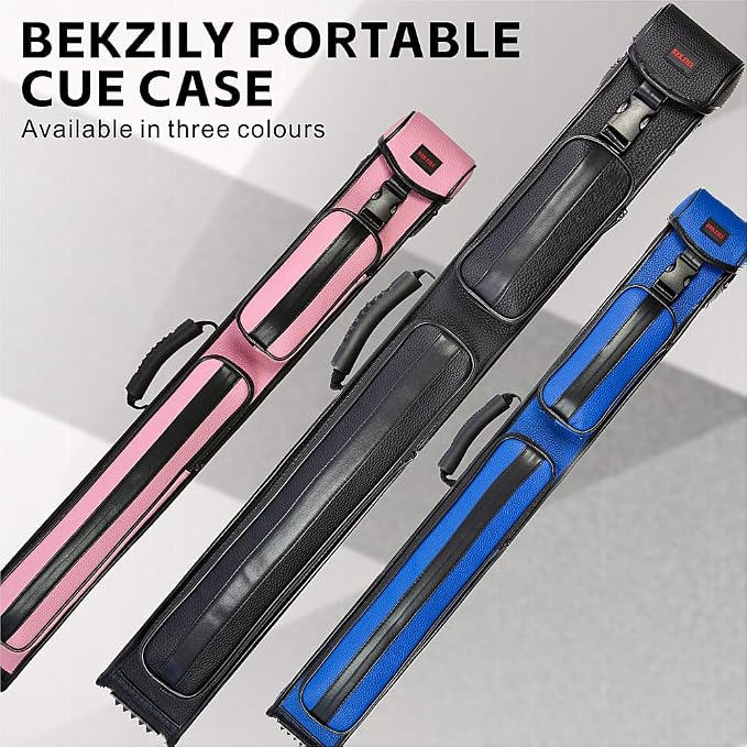 2x3 Billiard Cue Case – Holds 2 Butts & 3 Shafts, PU Leather Exterior, Plastic Buckle Closure, External Accessory Pocket & Towel Hook, Black/Blue/Pink