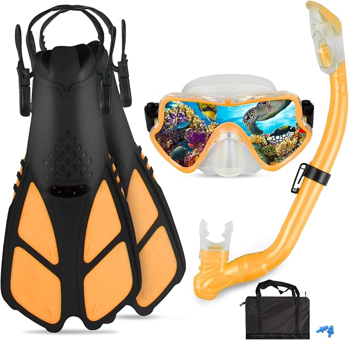 Kids Snorkeling Set - Adjustable Flippers + Panoramic Snorkel Mask + Dry Snorkel Tube + Travel Bags - Suitable for Kids & Juniors, Age 5-14