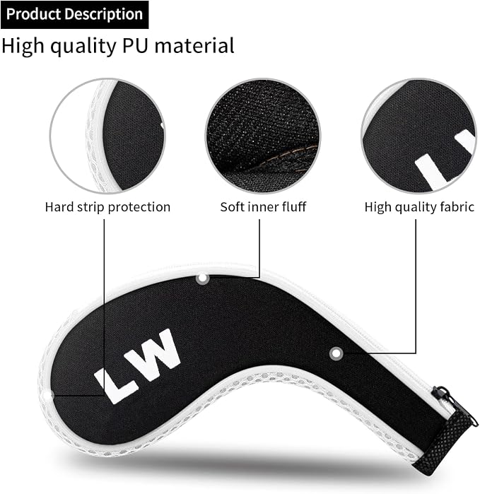 Golf Club 12pcs Thick Synthetic Zipper Long Neck Set Headcover Fit The Most Brands, Side Number Golf Iron Club Head Cover LW SW PW Covers #3,4,5,6,7,8,9