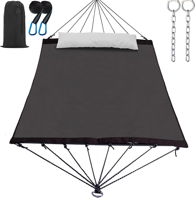 GAFETE 14ft 2 Person Hammock for Outside, Quick Dry Textilene, Portable Hammock without Stand with Folding Steel Spreader Bar, Carrying Bag, Tree Strap, Pillow & Sidebag, 550 lbs Capacity (Black Gold)