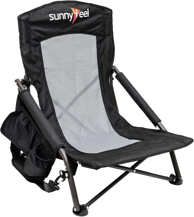 Low Beach Chair for Adults, Lightweight Folding Sand Chair with Cup Holder & Shoulder Strap, Portable Camping Chair with Breathable Mesh Back for Beach, Concerts, Camping, Lawn & Travel