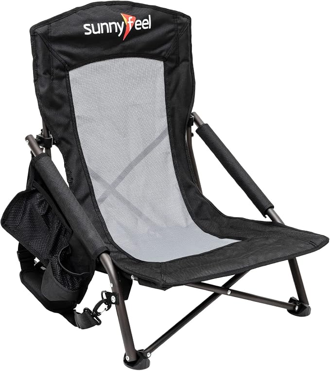 SUNNYFEEL Low Beach Chair 2 Pack, High Back Folding Beach Chairs for Adults with Cup Holder & Side Pocket, Lightweight Backpack Sand Chair Portable for Beach Camping Concert Lawn