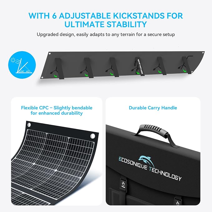 Ecosonique 300W Portable Foldable Solar Panel, 15 lbs CPC Ultra-Lightweight, 40V MC4 & Multi-Output for Anker/Jackery/EcoFlow & More Power Stations, 6 Adjustable Kickstands for RV Camping & Off-Grid