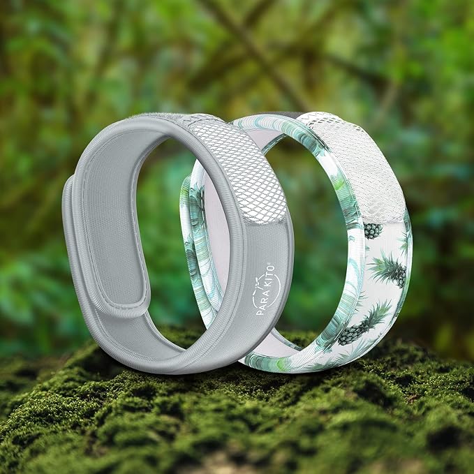 PARA'KITO Mosquito Repellent Bracelets + Refill Pellets Bundle, Mosquito Bracelets, Peppermint Oil, DEET Free Mosquito Repeller, Hiking Accessories, 2 Wristbands & 2 Refills (Smokey Grey+Pineapple)