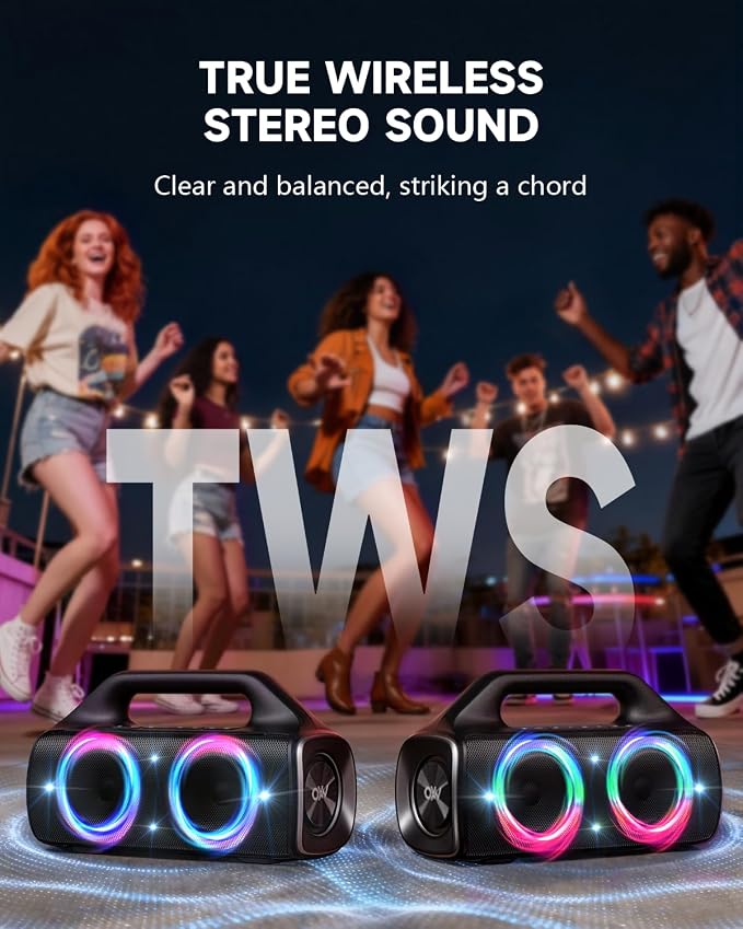 IP67 Waterproof Bluetooth Speaker:80W(Peak) Loud Outdoor Portable Wireless Party Speakers with LED Lights,20H Playtime,Bluetooth 5.3,Deep Bass & TWS for Pool,Beach (Black)