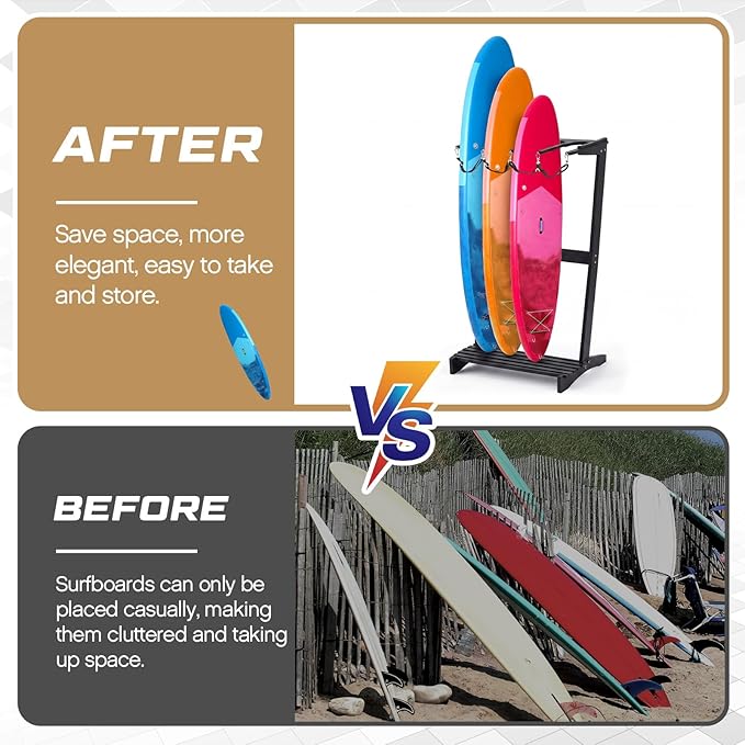 CroBlissful Surfboard Rack Freestanding Vertical Surf Board Stand for 4 Boards Bamboo Display Rack for Shortboard, Snowboard, Skateboard, Ski and Wakeboard