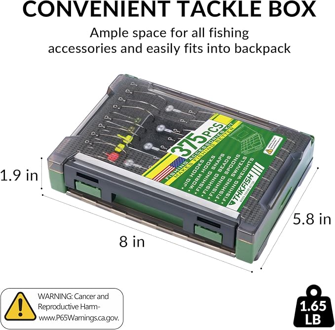 THKFISH 375pcs Fishing Accessories Kit, Double sided Organized Fishing Tackle Box with Tackle Included Hooks, Weights Sinkers, Bass Fishing Gear Gifts