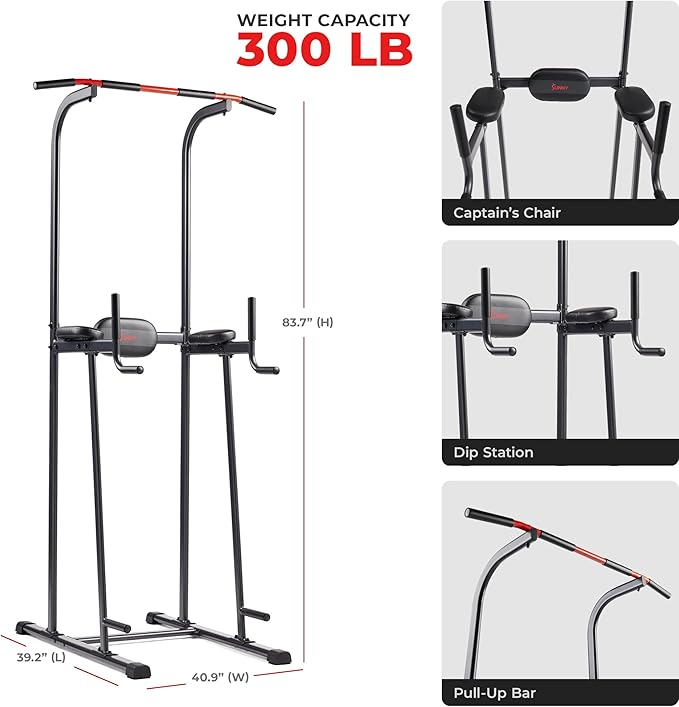 Sunny Health & Fitness Power Tower Dip Station & Pull-Up Bar, Multi-Function Strength Training Equipment with Captain’s Chair, Push-Up Bars & Core Workout for Home Gym