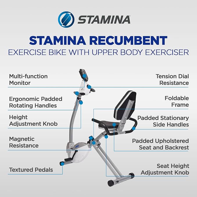 Stamina Recumbent Exercise Bike with Arm Workout - Fitness Bike with Smart Workout App - Recumbent Exercise Bike for Home Workout - Up to 250 lbs Weight Capacity