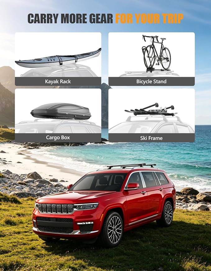 KINGGERI 220lbs Roof Racks Cross Bars Fit for Jeep Grand Cherokee L 2021-2026 & Grand Cherokee 2022-2026, Heavy Duty All Metal Aluminum Roof Rails Crossbars Luggage Cargo Carrier SUV Accessories