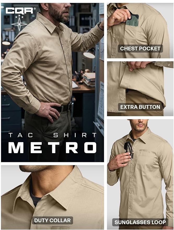 CQR Men's Long Sleeve Tactical Shirts, Ripstop Military Work Shirts, UPF 50+ Breathable Button Down Outdoor Hiking Shirt