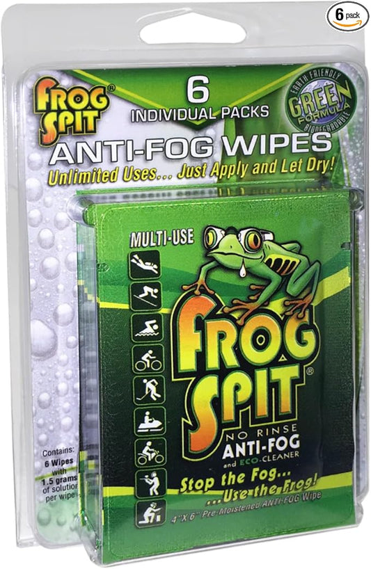 Frog Spit Pre-Moistened Anti-Fog Wipes | 6-Pack | Individually Packaged Travel Anti Fog Wipes for Glasses, Goggles, Face Masks, Helmets, Face Shields