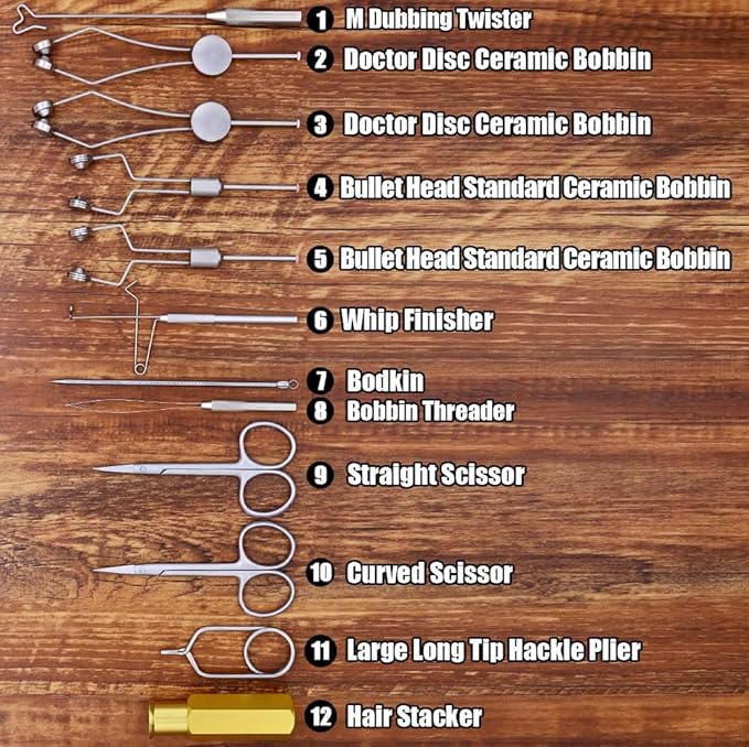 XFISHMAN Fly Tying Tool Kit 12 in 1 with Bobbin Finisher Scissors Hackle Hair Stacker Fly Fishing Tying Tools Set