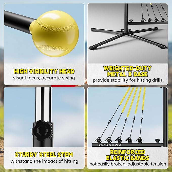 JASCOPRO Baseball Swing Trainer with 5 Power Bands,Height Adjustable 31-47 inches Baseball Hitting Trainer, Auto Reset Baseball Training Equipment Softball Swing Trainer with Metal Stakes & Carry Bag