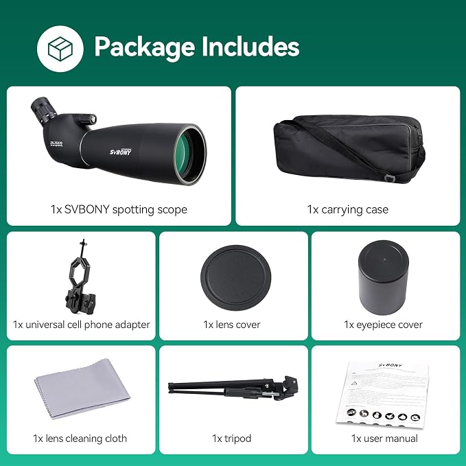 SVBONY SV28 Spotting Scopes with Tripod, 25-75x70 Spotting Scope with Phone Adapter, IP65 Waterproof Fogproof Spotter Scope for Target Shooting, Bird Watching