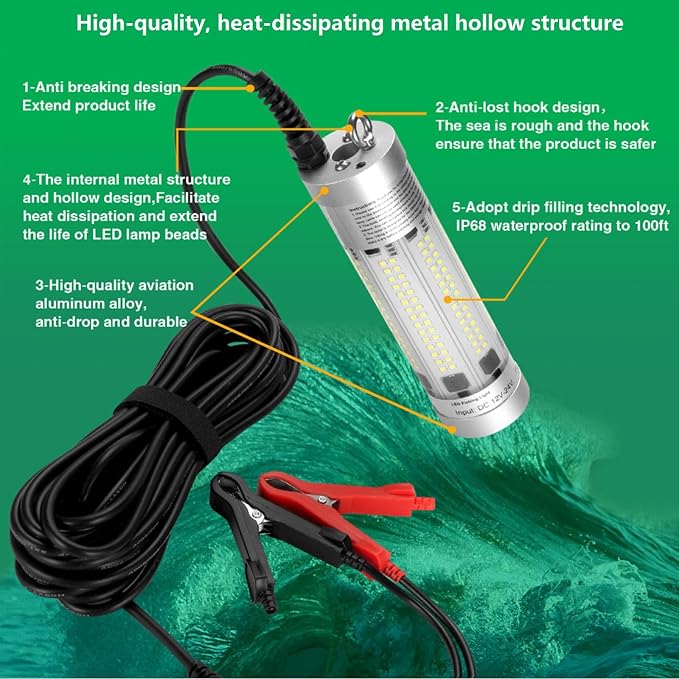 150W 20900lm Underwater Fishing Light, IP68 Waterproof Aluminum Super Bright Night Fish Attracting Submersible LED Lamp Lure Bait Finder for Freshwater Saltwater Sea Kayak Ice Dock (White)
