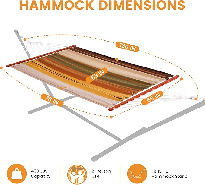Lazy Daze Hammocks Cotton Fabric Double Hammock with 55" Spreader Bar, Portable Camping Hammock with Carrying Bag & Tree Straps for Patio, Backyard, Balcony, 450lbs Capacity, Brown & Khaki
