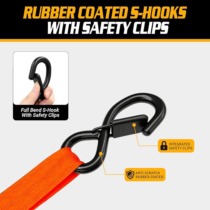 Retractable Ratchet Straps (2-Pack) - 1'' x 11.5' (1,800lb Break Strength) - Heavy Duty Auto Self Retracting Tie Down Straps for Truck, Cargo Trailer, Motorcycle, Rad & More - Orange