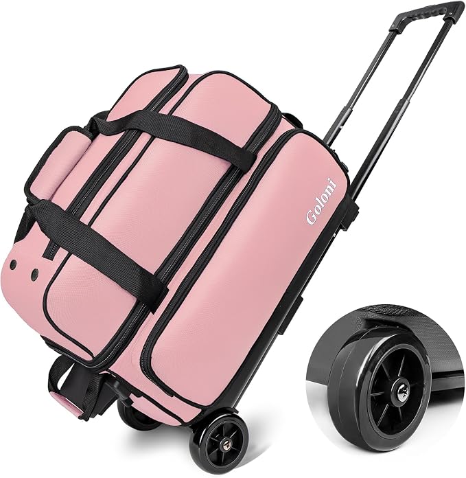 Goloni Double Roller 2 Ball Bowling Bag with Separate Shoe Compartment,2 Ball Bowling Bag with Wheels,Retractable Handle Extends to 40"
