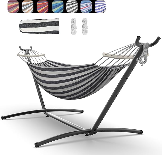 Everyfun Hammock with Heavy-Duty Steel Stand,Portable,Easy Assembly,600lbs Weight Capacity,Suit for Indoor,Yard,Camping,or Outdoor,Black White