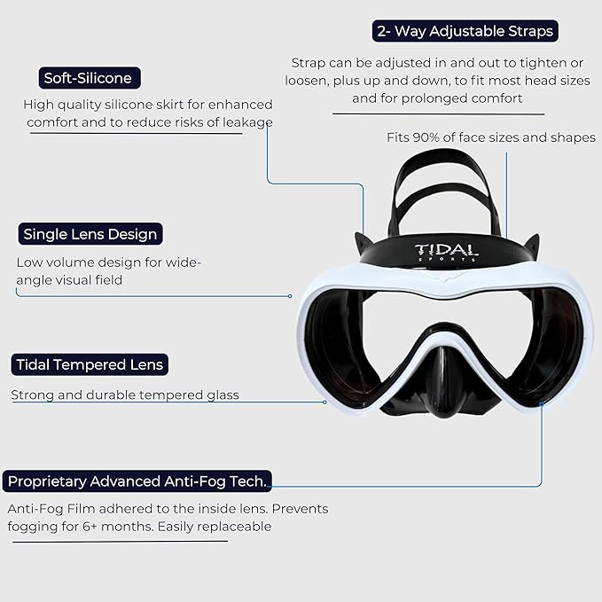 Tidal Mask-Advanced Anti Fog Diving Mask for Scuba Diving, Snorkeling, Free Diving&Swimming. Wide-Angle Tempered Glass Single Lens.