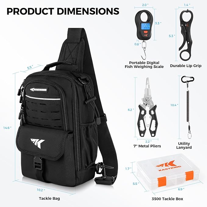 KastKing Everyday Essential Sling Tackle Bag & Tool Set, Fishing Scale & 3500-Tackle Box Waterproof, 7" Pliers, Lip Gripper - Fishing Gear and Gift for Men