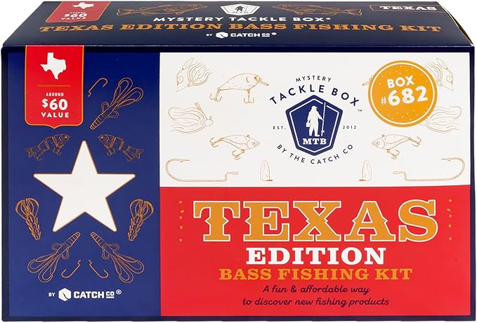 Catch Co Mystery Tackle Box Texas Bass Elite Fishing Kit (7-9 Items) | 7-9 Freshwater Baits for Largemouth, Smallmouth & More – Includes Exclusive Texas Decal, Fishing Gift, Fishing Gifts for Men