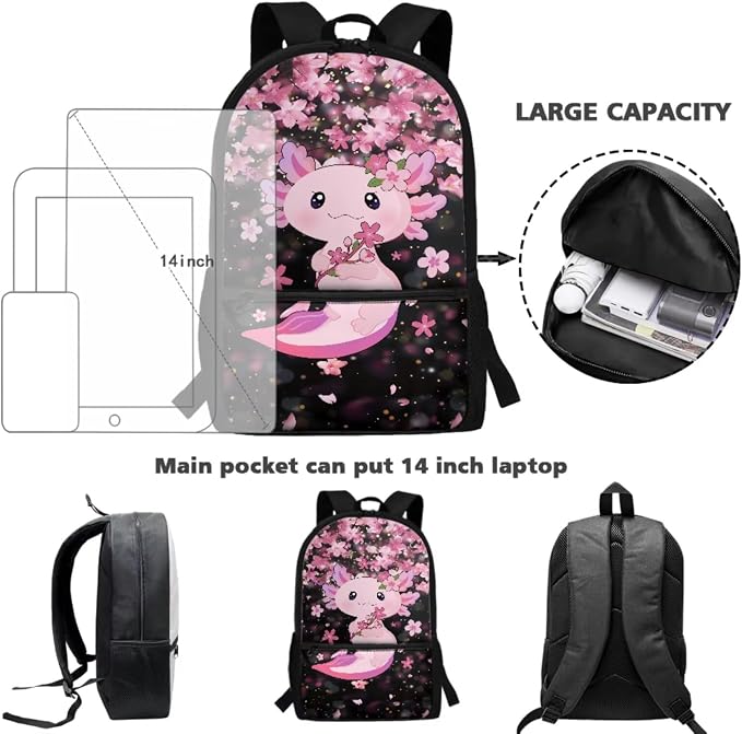 Axolotl Backpack for Girls School Bag with Lunch Bag Pencil Case Water Bottle Holder Large Capacity Boys School Bookbag Lightweight Daypack for Travel Picnic Rucksack Knapsack Set 4 in 1
