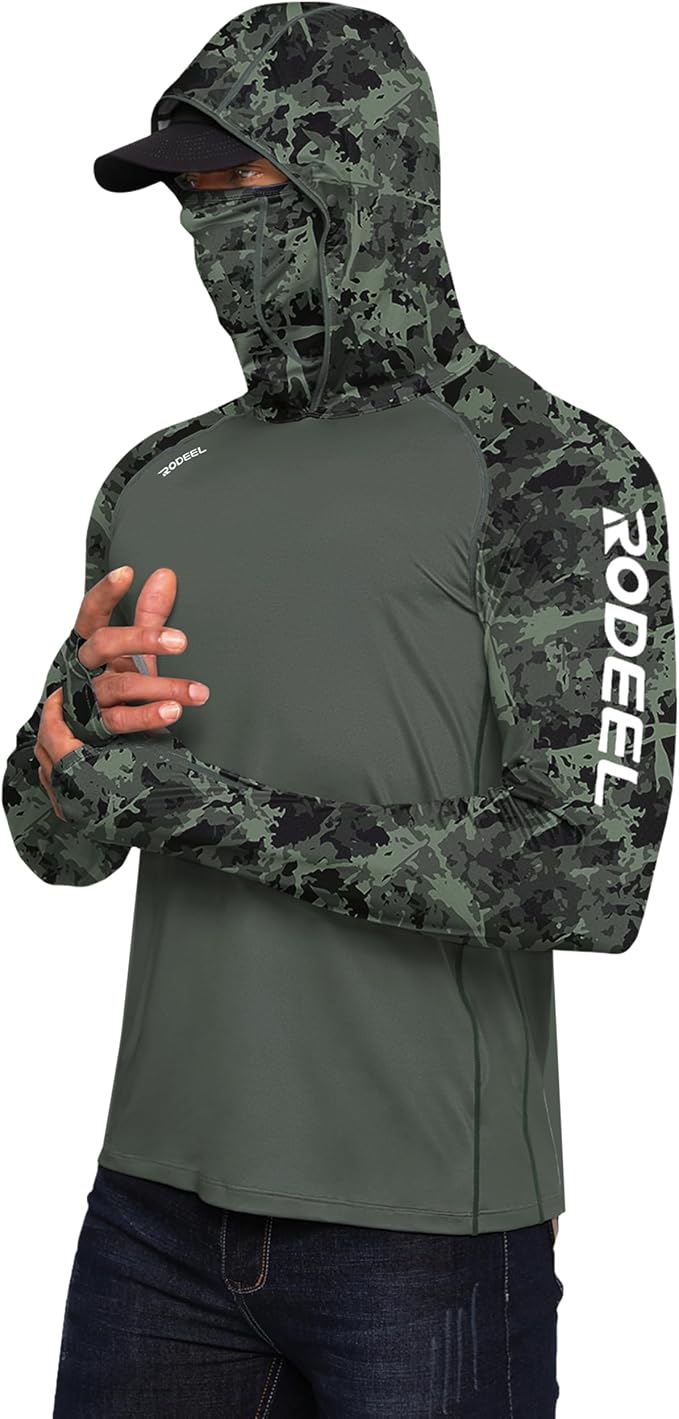 Rodeel Men's UPF 50+ Performance Fishing Hoodie, Long Sleeve Sun Protection Athletic Quick-Dry Breathable T-Shirt