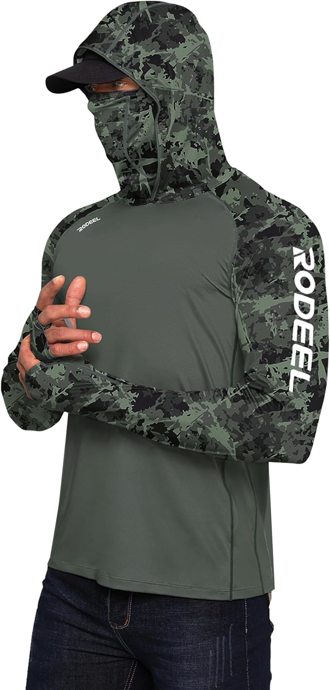 Rodeel Men's UPF 50+ Performance Fishing Hoodie, Long Sleeve Sun Protection Athletic Quick-Dry Breathable T-Shirt