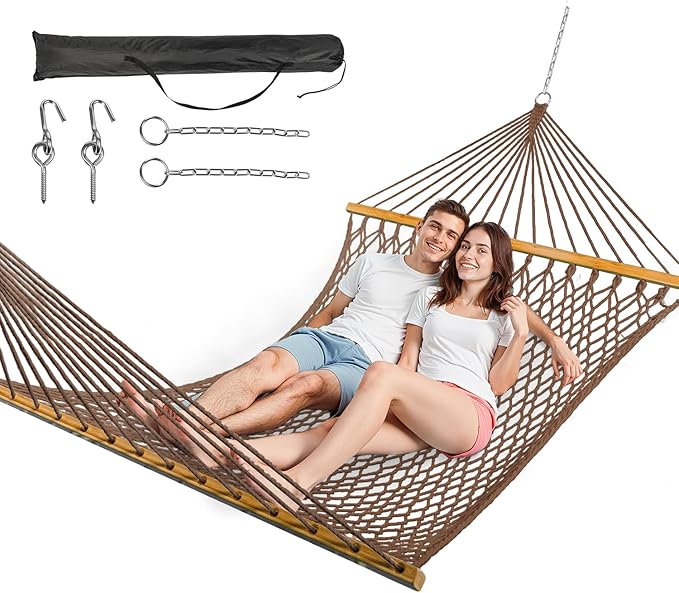 ANAGOO Double Hammock for 2 Person, Handwoven Rope Hammock with Spreader Bar - Indoor & Outdoor Use for Patio, Poolside, Backyard (Brown)