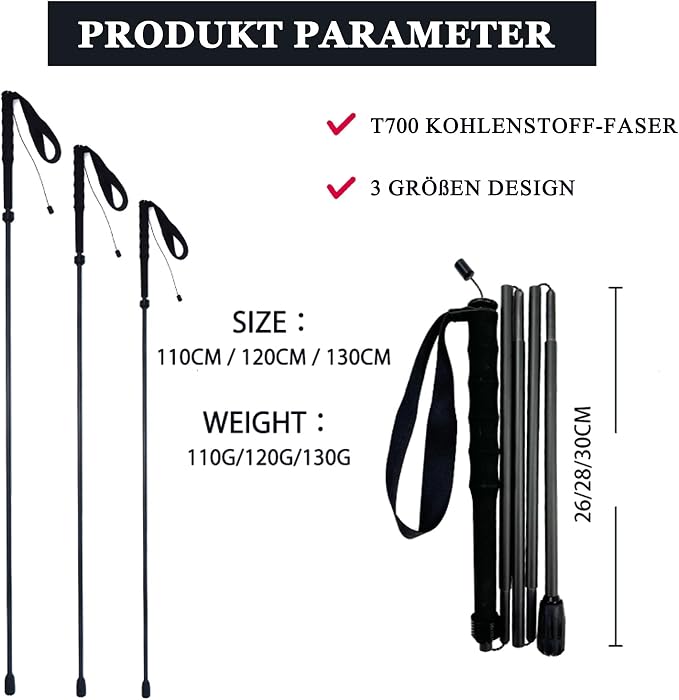 5-Section Carbon Fiber Trekking Poles, Lightweight and Durable 2-Pack, Foldable, Straight Grip, Suitable for Hiking, Trekking and Mountaineering