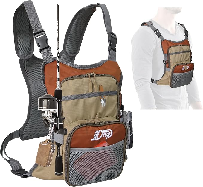 Fly Fishing Chest Pack, Lightweight Fishing Backpack, Fishing Tackle Storage Fits Up to Hold Fly Boxes, Fishing Accessories for Men(Orange + Gray)