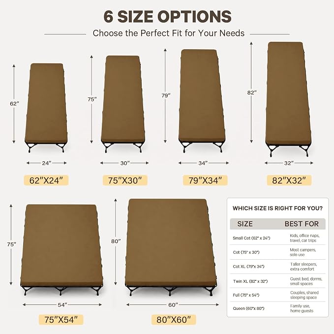 CYMULA Camping Cot Pad 2 Inch Memory Foam, Camping Pad for Folding Cot and Foldable Cot, Portable Roll Up Camp Gear for Car Camping Travel Tent, Non-Slip Waterproof Bottom, Removable Cover, Pad Only