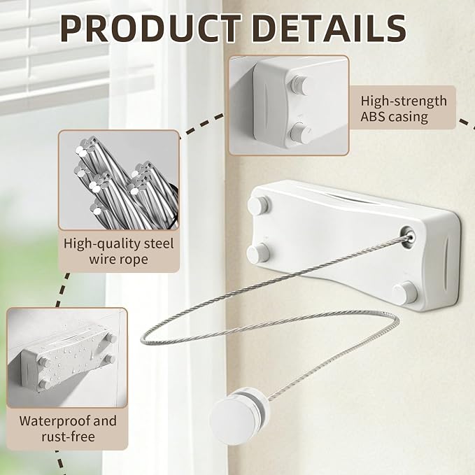 Anti-Sag Retractable Clothesline 40LB Capacity - 201in Stainless Steel Laundry Line for Indoor Outdoor, Wall Mounted Space Saving Easy Install (White, Double Lines)