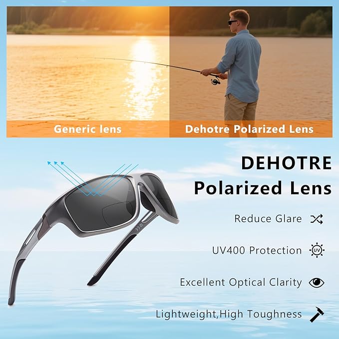 DEHOTRE 2 Pack Bifocal Reading Sunglasses Men Wrap Around Sports Sun Readers Outdoor Clear Top Soft Nose Pads PC Frame UV400