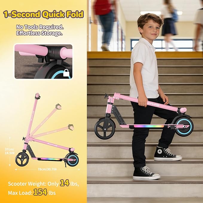 SIMATE Electric Scooter for Kids 6-14, e Kick Scooter with LED Display and Colorful Lights, Adjustable Height and Foldable, Double Brake, Gifts for Kids Girls Boys