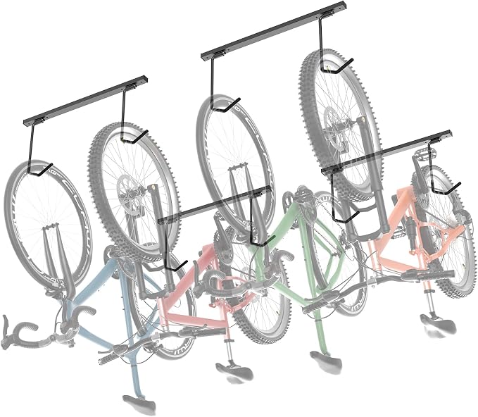 TORACK Overhead Bike Rack for Garage, Ceiling-Mounted Bicycle Storage Hooks for 4 Bikes (Horizontal) or 8 Bikes (Vertical), Adjustable Bicycle Hooks for Mountain, Road Bikes