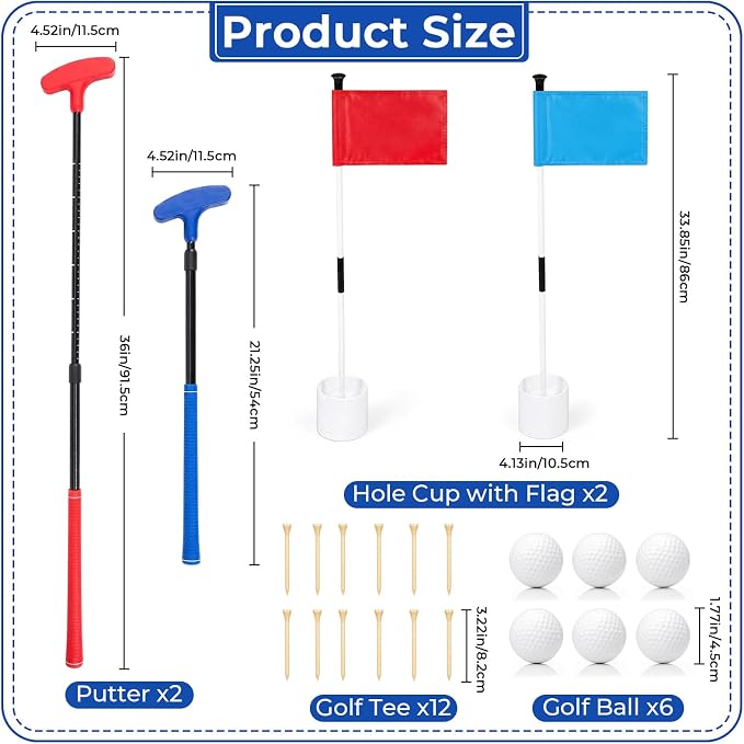 MiniInflat 2 Pack Mini Beach Golf Putters with 6 Balls, 2 Golf Putting Cup and Flag, 12 Tees, Two Way Adjustable Length Putter for Right or Left for Outdoor Beach Park Grass Backyard Putting Game