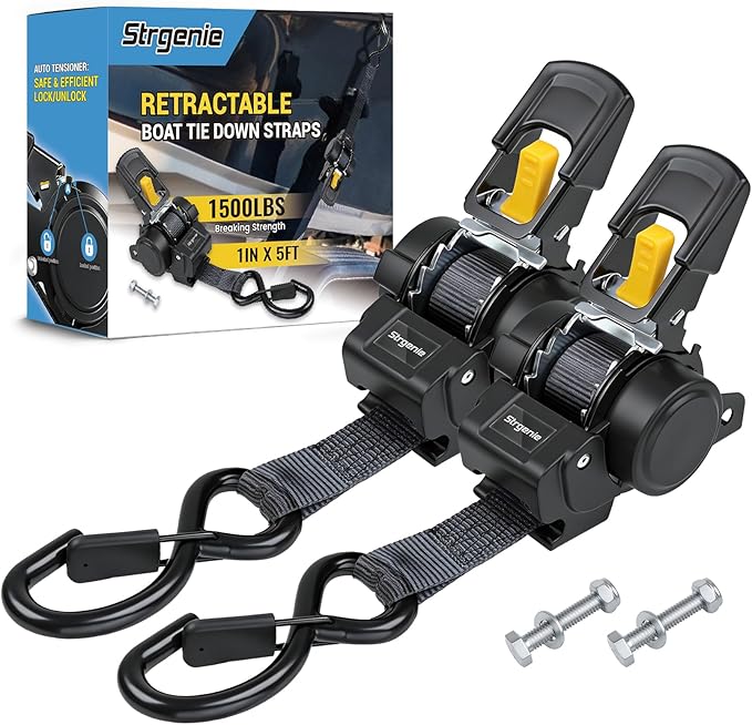 Bolt on Ratchet Straps 1INx5FT Auto Retractable Ratchet Tie Downs to Trailer Mountable Transom Straps for Boat, Jet Ski, RZR, ATV