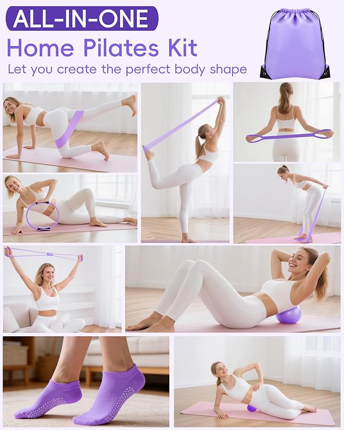KABCON Pilates Kit for Home, Women Beginners Workout Essentials Set | 13" Ring, 9.8" Ball, Resistance Bands & Guide, 13/14/16 PCS Compact Pilates Equipment